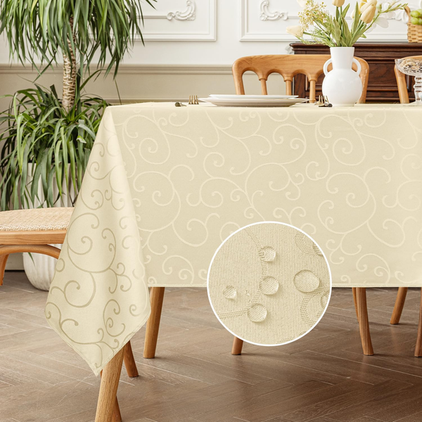 Romanstile Quadratische Tischdecke 140X140 Cm Jacquard Damast Beige Abwaschbar W-image