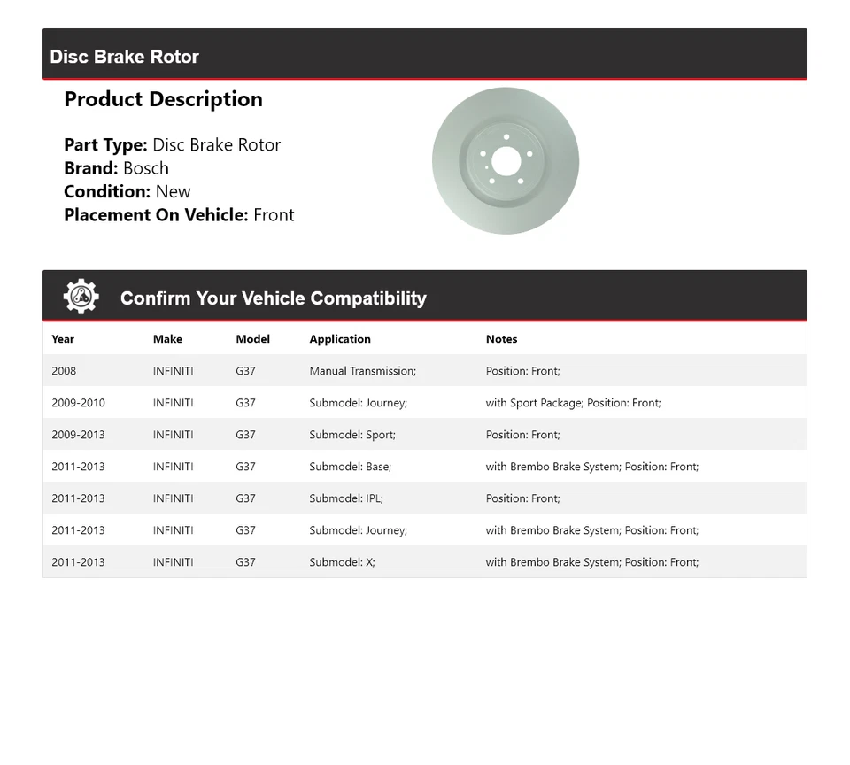 Rotor de freno de disco delantero para Infiniti G37 Bosch QuietCast 2008-2013 2009 2010 2011 Foto 2 de 4