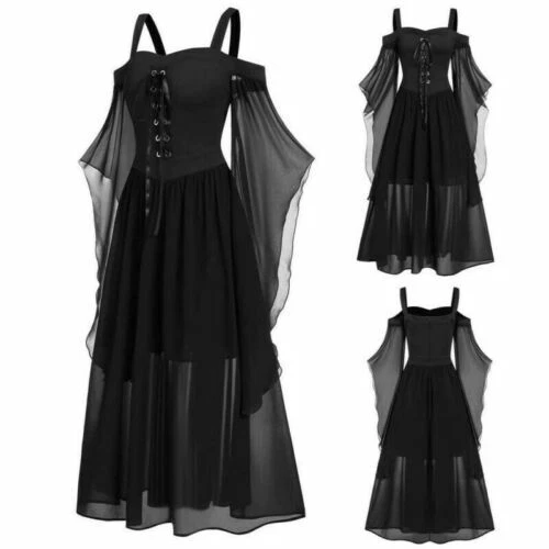 Kleider Plus Gothic Halloween Kleid Schnürärmel Fledermaus Damen Cold Shoulder - Bild 13 von 20