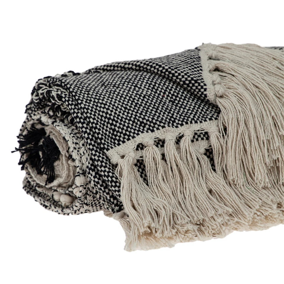 Boho Beige and Black Handloom Weave Throw with Decorative Tassels - Image 4 of 4