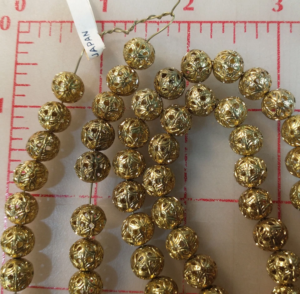 144 Vintage gold color 9mm filigree metal beads made in Japan strung on wire - Image 2 of 4