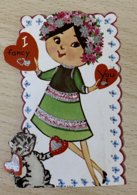 VTG Glittered Valentine- Lady w/ Floral Hat, Kitty Cat, and Hearts- I  Fancy You