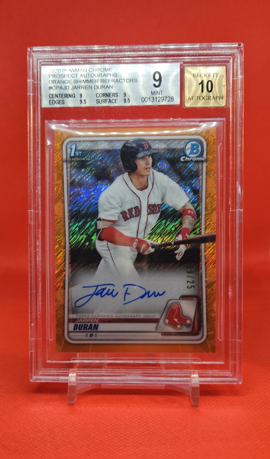 2020 Bowman  Chrome Prospects Auto  orange shimmer 09/25 Jarren Duran (AU, RC)