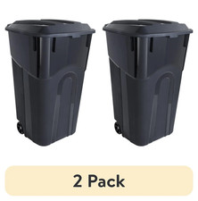 32 Gallon Wheeled Heavy Duty Plastic Garbage Can, Attached Lid, Black 2 Pack 