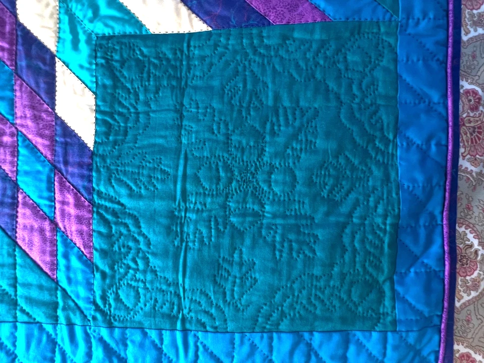 Edredón estrella de 8 puntos acolchado a mano vintage, verde, verde azulado, amarillo, púrpura, 38x38 Foto 3 de 4