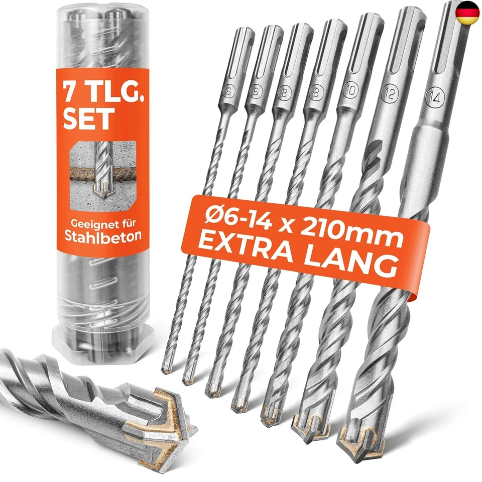 BAUBECK SDS Plus Bohrer Set für Beton [7tlg - Ø6-14 & 210mm lang] 4 Schneiden - L