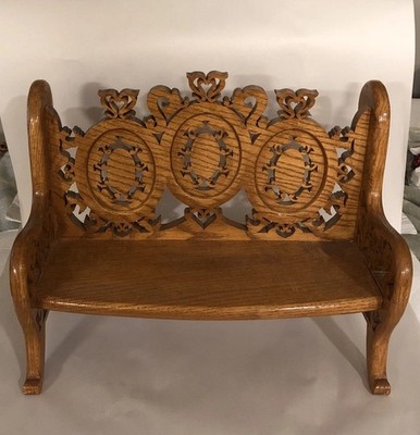 Handmade Carved MINIATURE WOOD BENCH Large Doll Teddy Bear Golden Oak Victorian