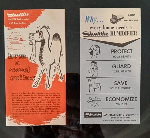 Skuttle Manufacturing Milford Michigan Humidifier Ad Copy Card 3.25" x 6.25"