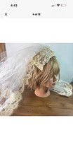 VTG 60s 70s Lace Pearl Bridal Veil Juliet Cap Style Ivory Alencon Lace Tulle