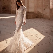 Feather Mermaid Wedding Dress High Collar Zipper Back Pearl Long Sleeve Bride