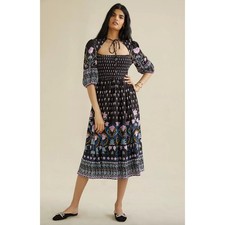 NEW Anthropologie Dasha Smocked Midi Dress Viscose A Line Boho Floral Cottage XS