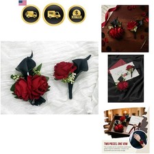 Red Rose Wrist Corsage Wristlet Band Bracelet and Men Boutonniere Set with Bl...