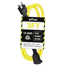  3ft Outdoor Extension Cord, 12/3 SJTW Heavy Duty Power Cord, 3 3FT Yellow