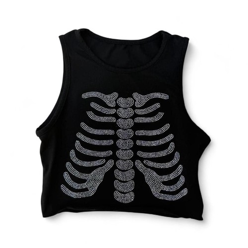 Women's Black and Silver Skeleton Crop-top