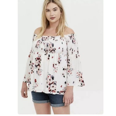NWT Torrid White Floral Modal Lace-Up Smocked Off-Shoulder Top Size 1X