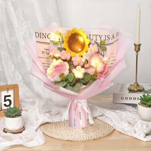 MEIVINES Handmade Crochet Flowers Bouquet,knitted Sunflower-Pink