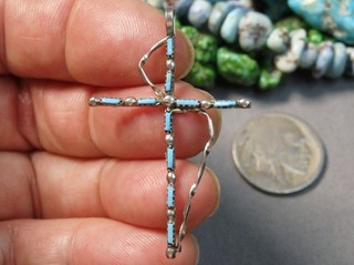 ZUNI Sleeping Beauty TURQUOISE Sterling Silver 1.75" CROSS Pendant 👼✝️
