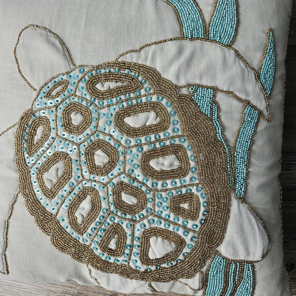 Coastal Decorative Beaded Turtle 18x18 Throw Pillow - Image 2 of 4