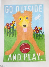 Needlepoint Canvas Hand Painted Dog Red Ball Flowers Play Pop Art 16 Mesh Signed