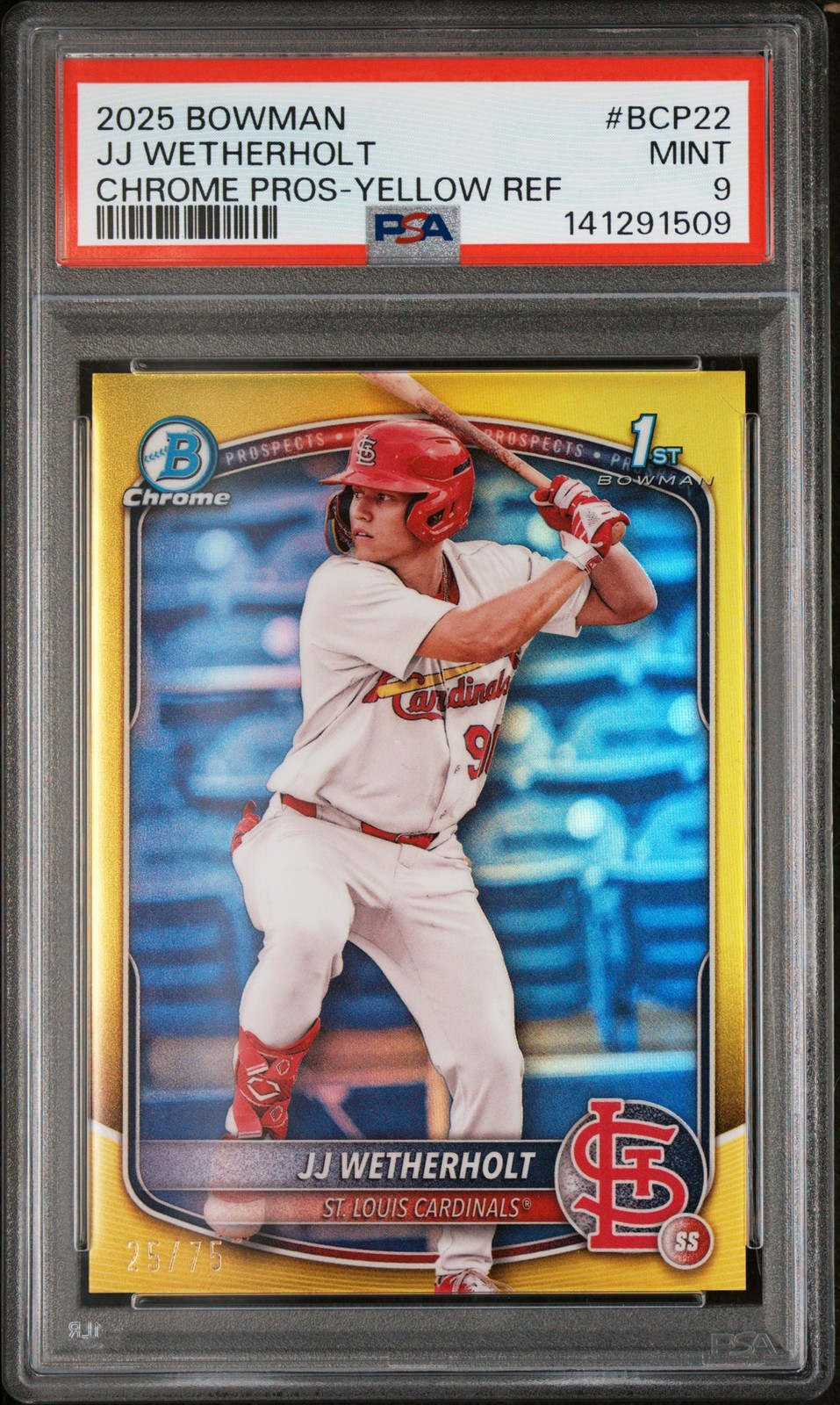 2025 BOWMAN CHROME PROSPECTS YELLOW REFRACTOR #BCP22 JJ WETHERHOLT 25/75 PSA 9