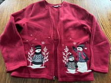 Croft  Barrow Cardigan Fleece; Red With Snowmen; Adult Medium