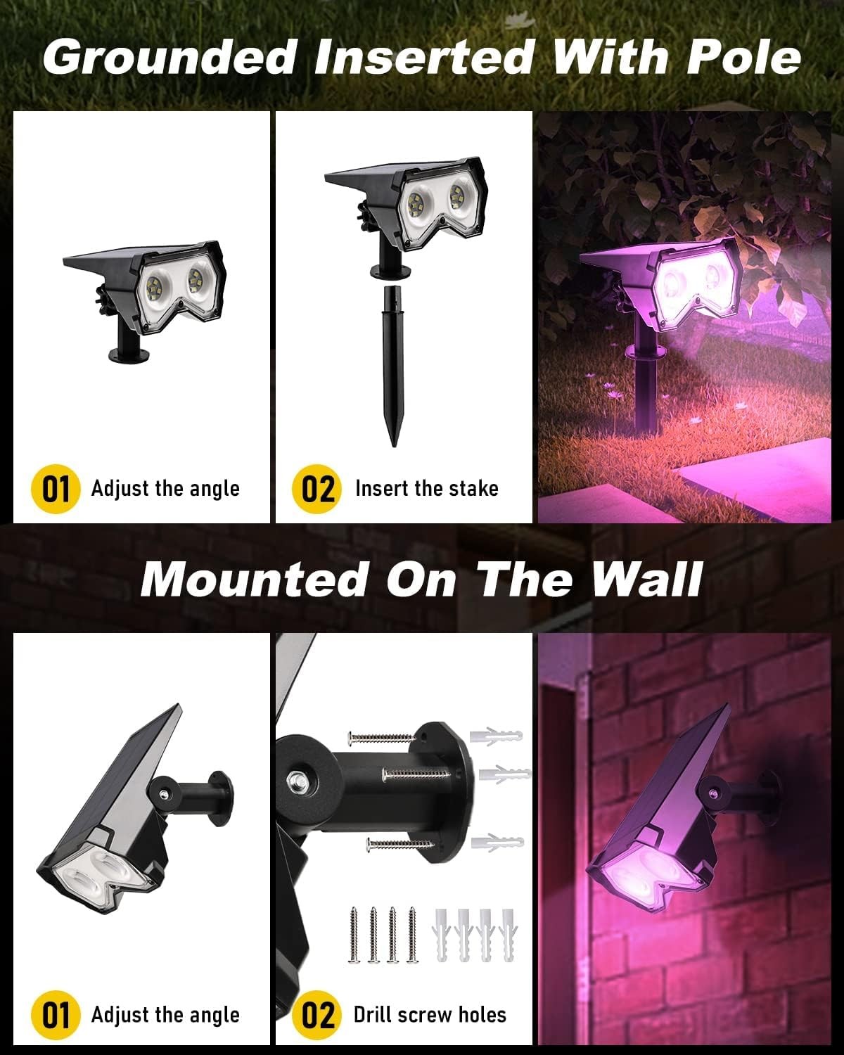 Solar Spotlights Outdoor [ 8 Colors/10 Modes], 2 in 1 Solar Powered Garden Spot