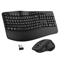 Wireless Keyboard and Mouse Combo, 2.4G Full Size Wave Keys Ergonomic Keyboar...