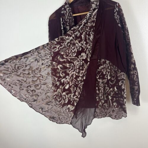 Burned Velvet Asymmetrical Hem Open Front Kimono Duster Sz L Beach Cover Up Top - Picture 2 of 8