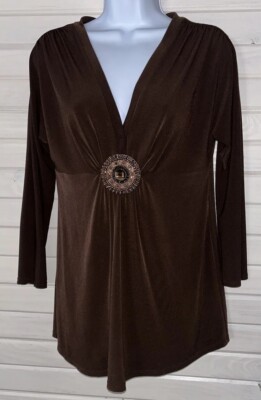 CACHE Sz SMALL Chocolate Brown Blouse Stretch Draped Medallion V-Neck EUC