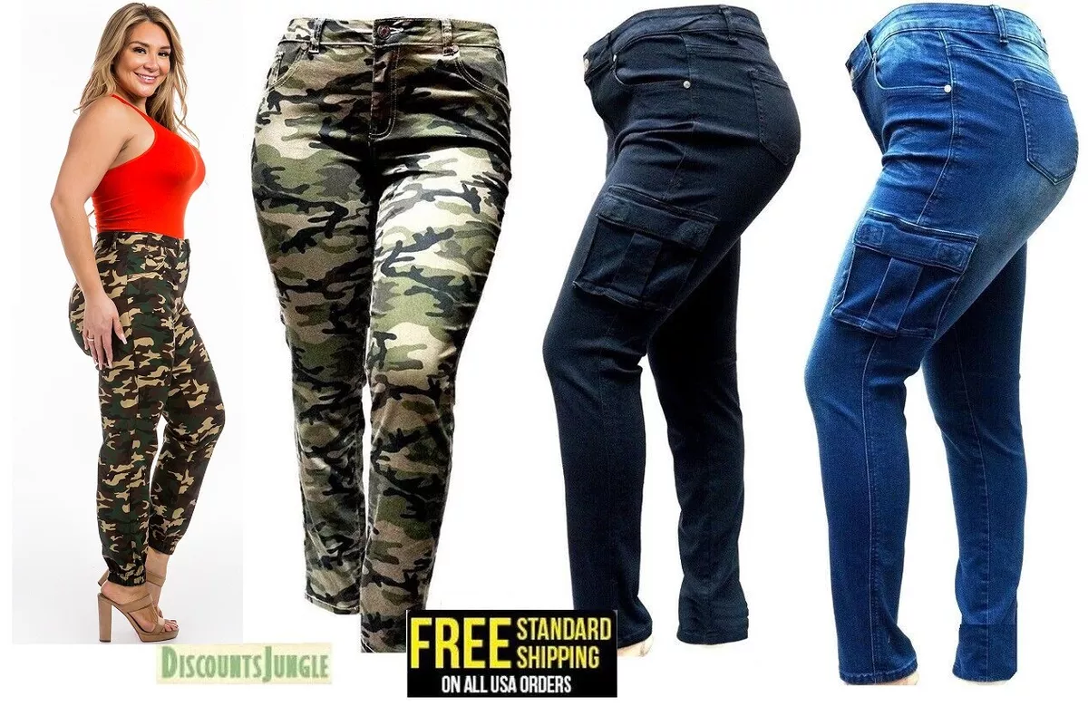 WOMENS PLUS SIZE Camouflage Skinny Blue Black DENIM JEANS Cargo