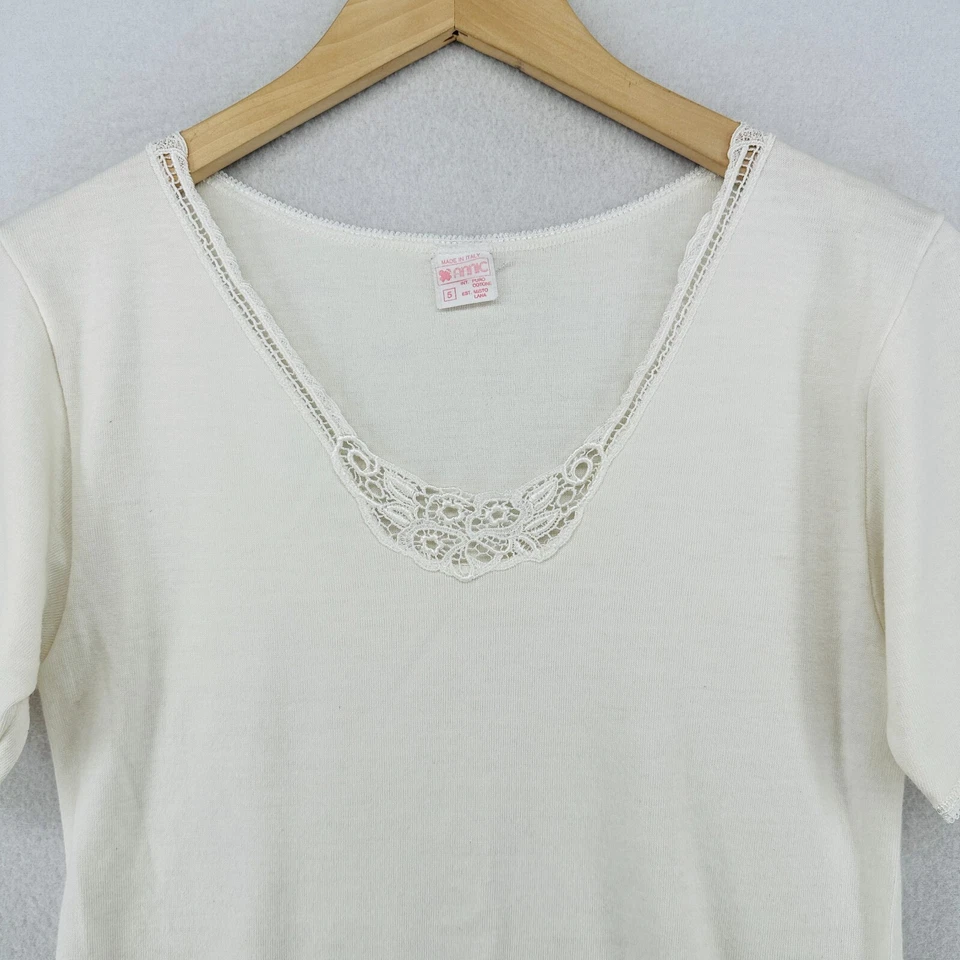 ANNIC Top Womens 5 V-Neck Baselayer Short Sleeve Thermal Cotton Wool Ivory - Image 3 of 4