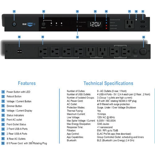 ELAC ProteK Rack 8+1 Smart Surge Protector PR-81B - NEW - Image 4 of 4