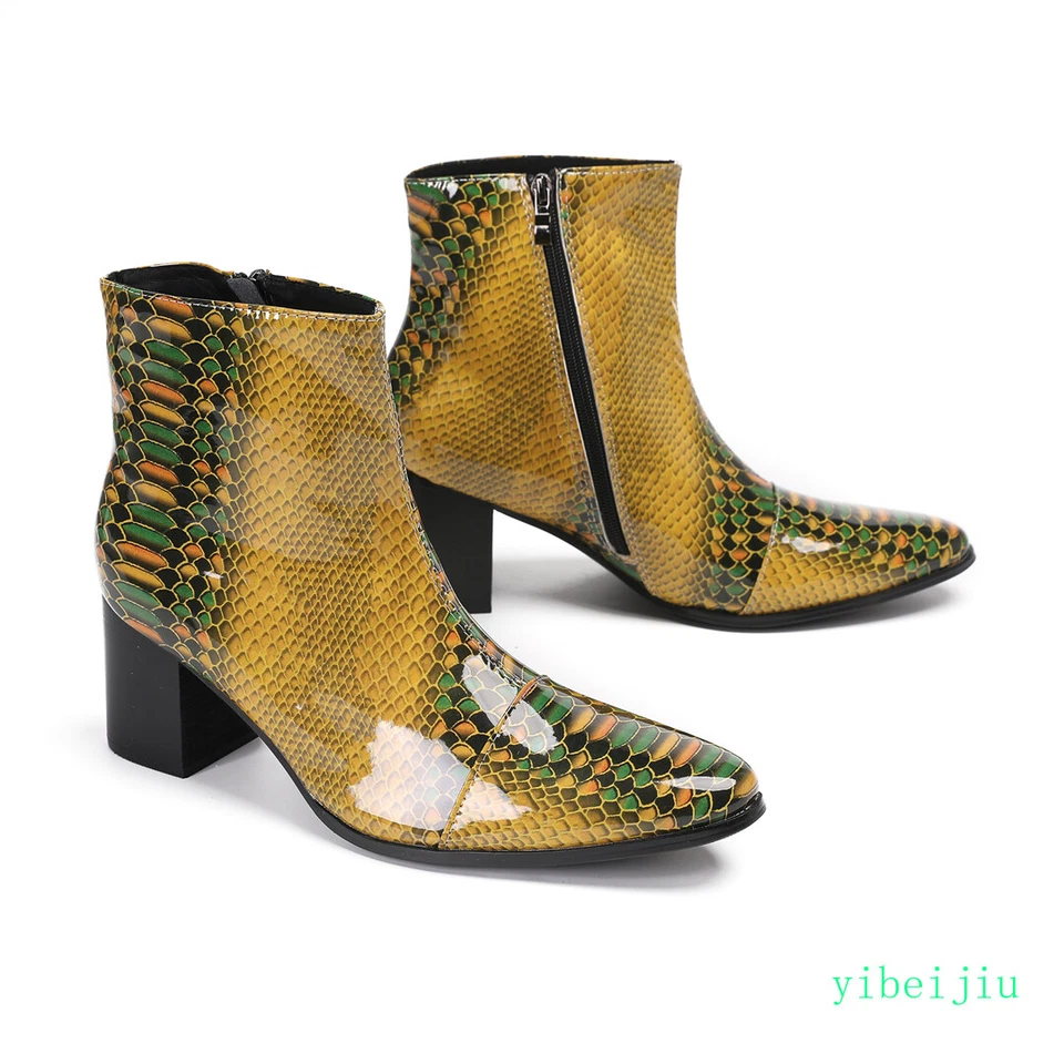 Men's Dress Formal Glossy Ankle Boot Mid Heel Snakeskin Pattern Serpentine Shoes - Image 4 of 4