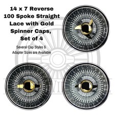 Lowrider Wire Wheels 14 X 7 Reverse 100 Spoke With Gold Spinner Caps Set Of 4