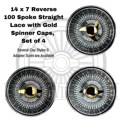 Lowrider Wire Wheels: 14 x 7 Reverse 100 Spoke with Gold Spinner Caps,  Set of 4