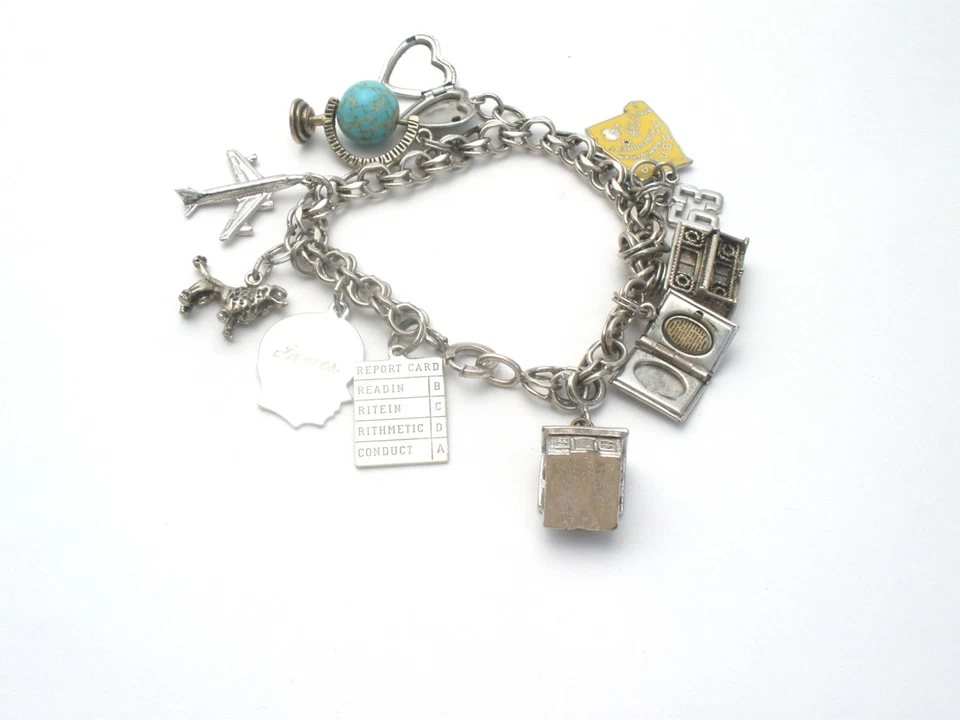 Pulsera con dije de plata esterlina 11 dijes avión globo Biblia perro medallón corazón Foto 4 de 4