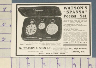 1916 WATSONS SPANSA POCKET SET WATCH LONDON TRAVEL DECOR HISTORIC AD A-1880