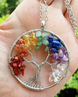 Natural Gemstone Tree of Life Pendant Necklace 7 Chakra Healing