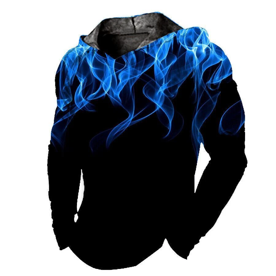 Men Hoodie Pullover Hooded Blue Smoke Black Vintage Sweatshirt Soft LightWeight