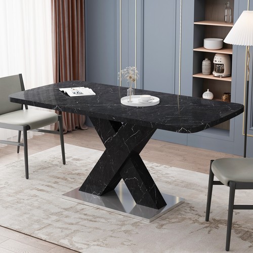 Modern Stretchable Dining Table with Faux Marble Table Top and X-Shape Table Leg - Picture 13 of 66