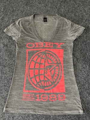 Women's Obey V-Neck T-Shirt - Gray - Size Medium