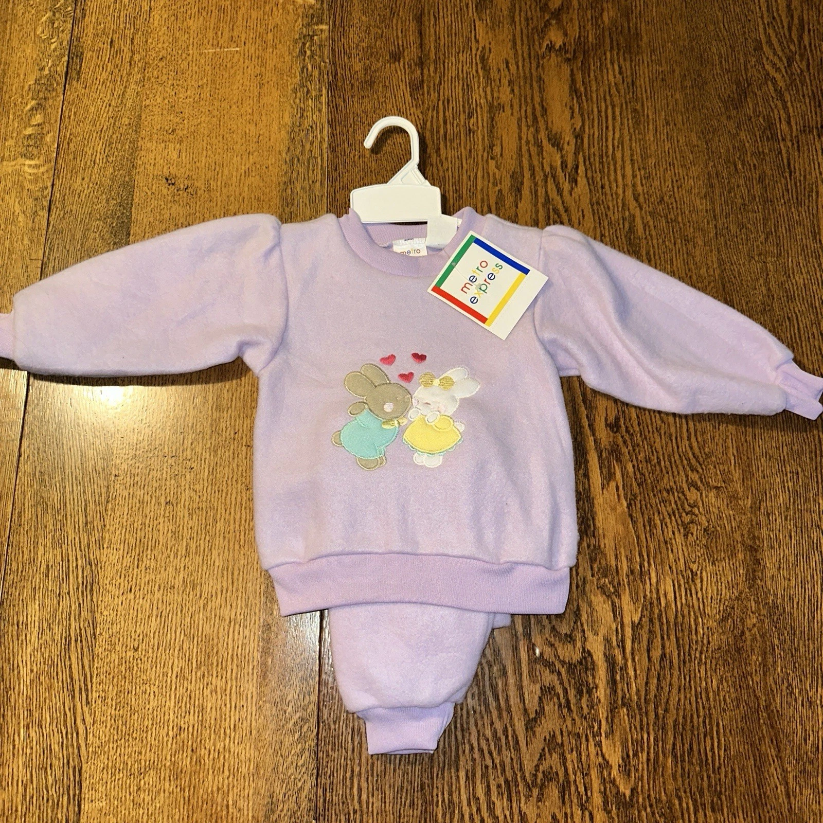 Vtg 90s Baby Outfit Embroidered Bunny Appliqué Set Fleece 24 Months Sears Purple