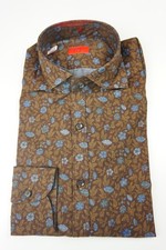 Isaia Napoli Brown Blue Floral Long Sleeve Cotton Dress Shirt Sz 15.5/39 NEW