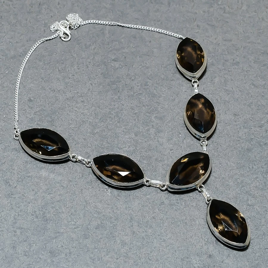 Smoky Quartz Marquise Shape Gemstone Handmade Ethnic Christmas Gift Necklace 18" - Image 2 of 4