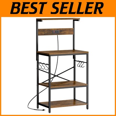 Sturdy Kitchen Shelf Rack with Power Strip and Removable Shelves - Rustic Brown