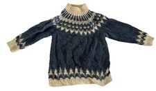 Vtg Nordic Icelandic Wool Sweater Hand Knit Apres Ski Blue Cream Homemade Large 