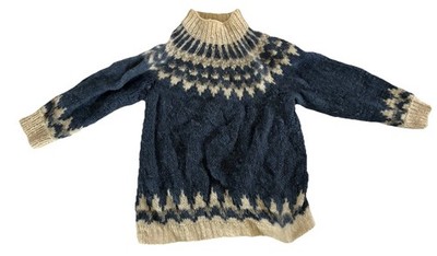 Vtg Nordic Icelandic Wool Sweater Hand Knit Apres Ski Blue Cream Homemade Large?