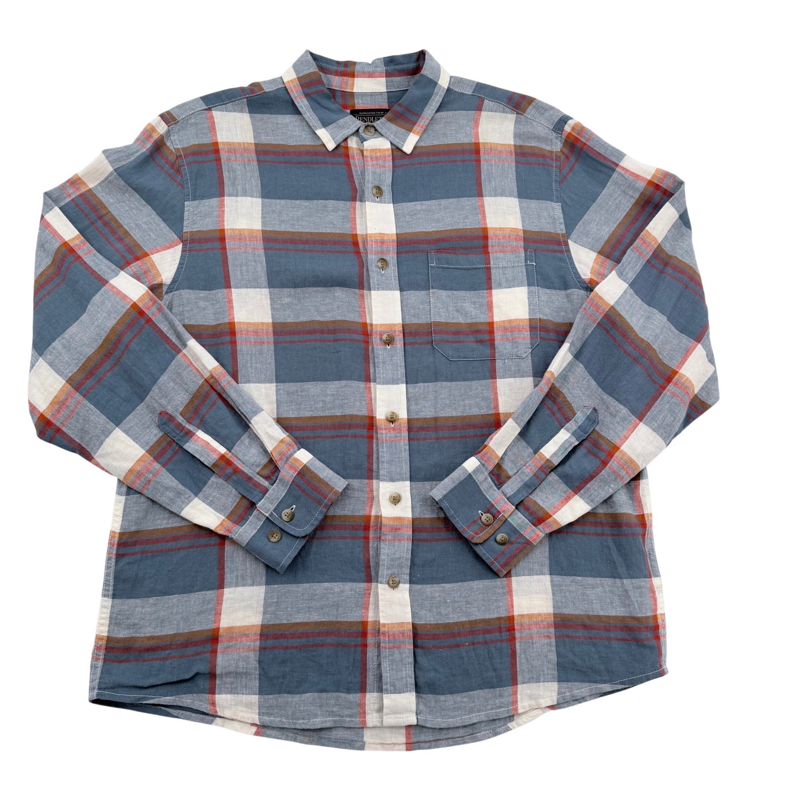 Pendleton Mens Blue Plaid Linen Rayon Blend Long Sleeve Button Down Shirt Large