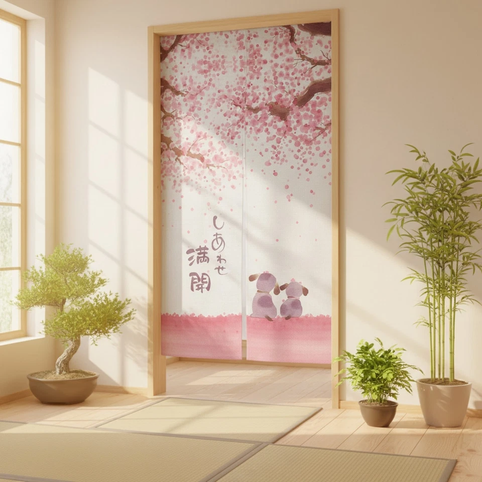 Japanese Noren Doorway Curtain with Happy Dogs Cherry Blossom, 59"x33" - Image 3 of 4
