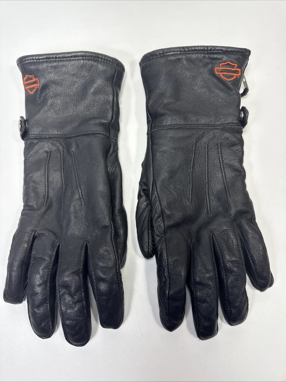 Harley-Davidson Women’s Size M Black Leather Gloves Zipper Gauntlet Wrist. E1